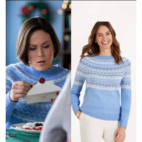 Talbots Sweater Womens XL Wool Blend Fair Isle Frost Rhinestone Bling Winter Hal - Picture 8 of 8